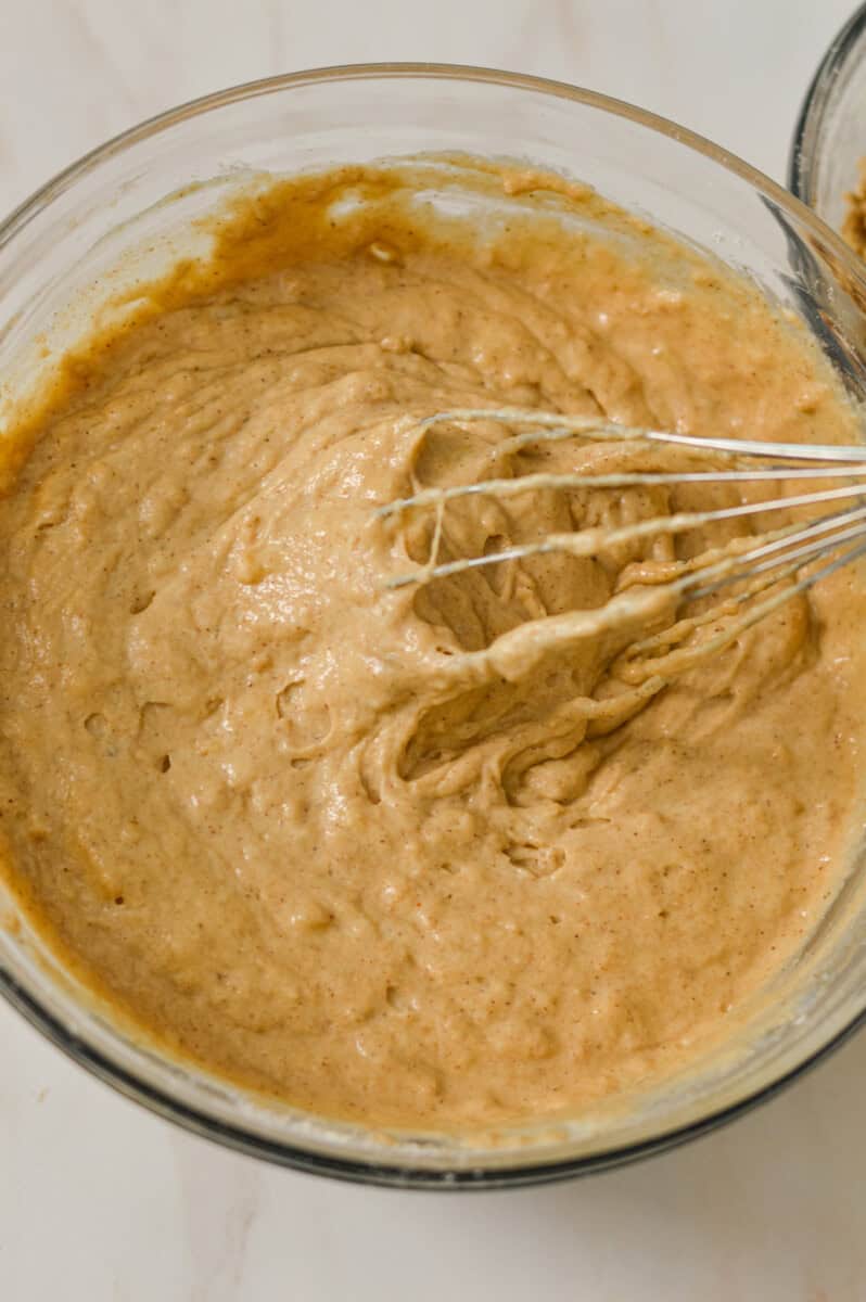 Wet and dry ingredients combined in a bowl