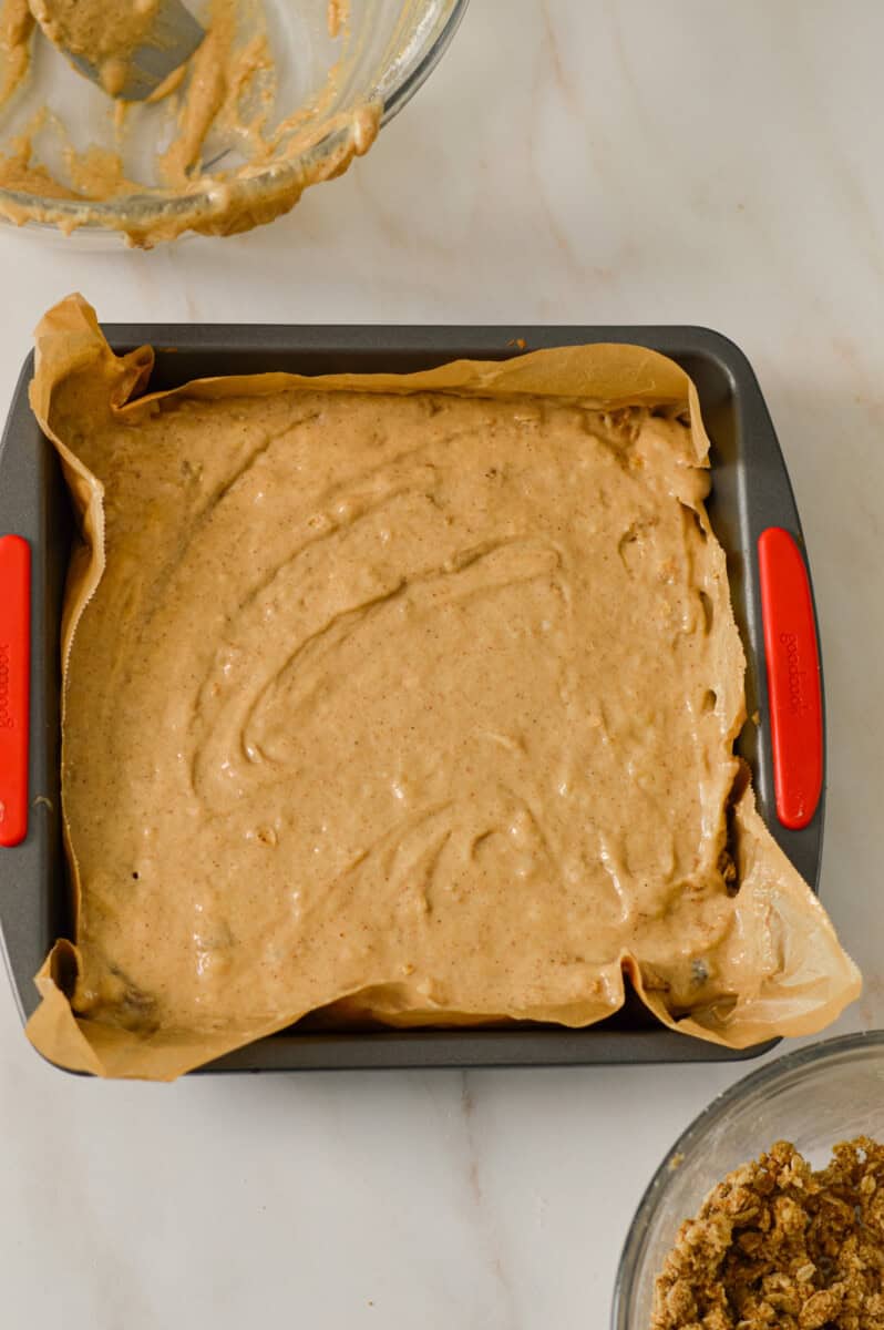 Coffee cake batter in a baking dish
