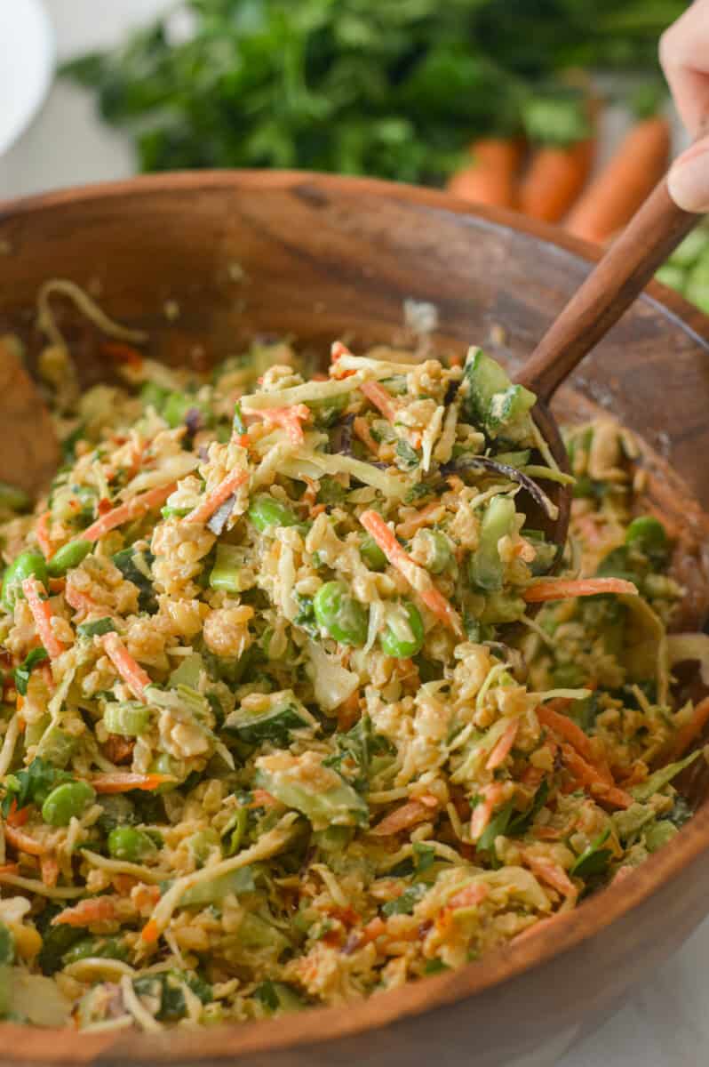 Close up of salad tong lifting up salad