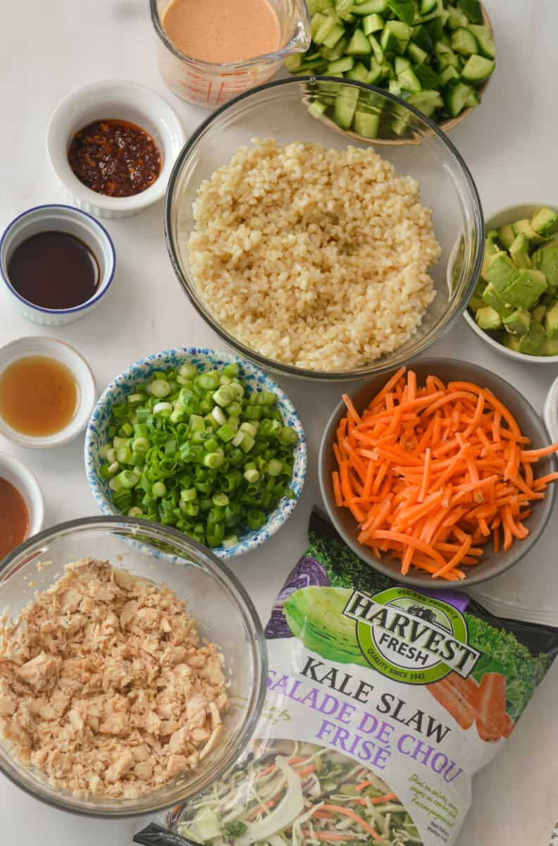 Ingredients for rice salad recipe including rice, edamame, green onions, coleslaw, salmon, shredded carrots, avocado, cucumbers, peanuts, sweet chili yogurt dressing