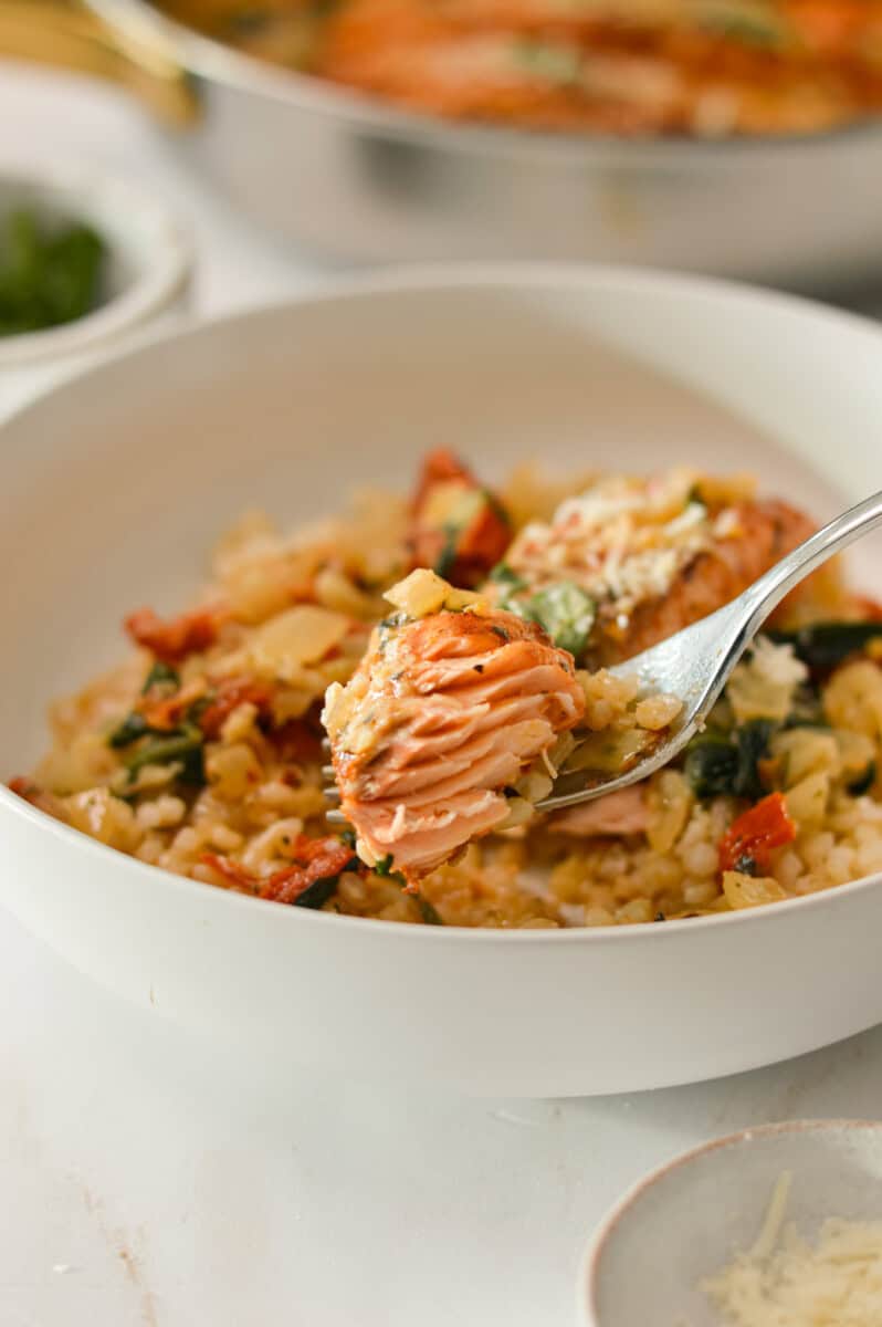 Fork lifing up a piece of the salmon filet from a bowl