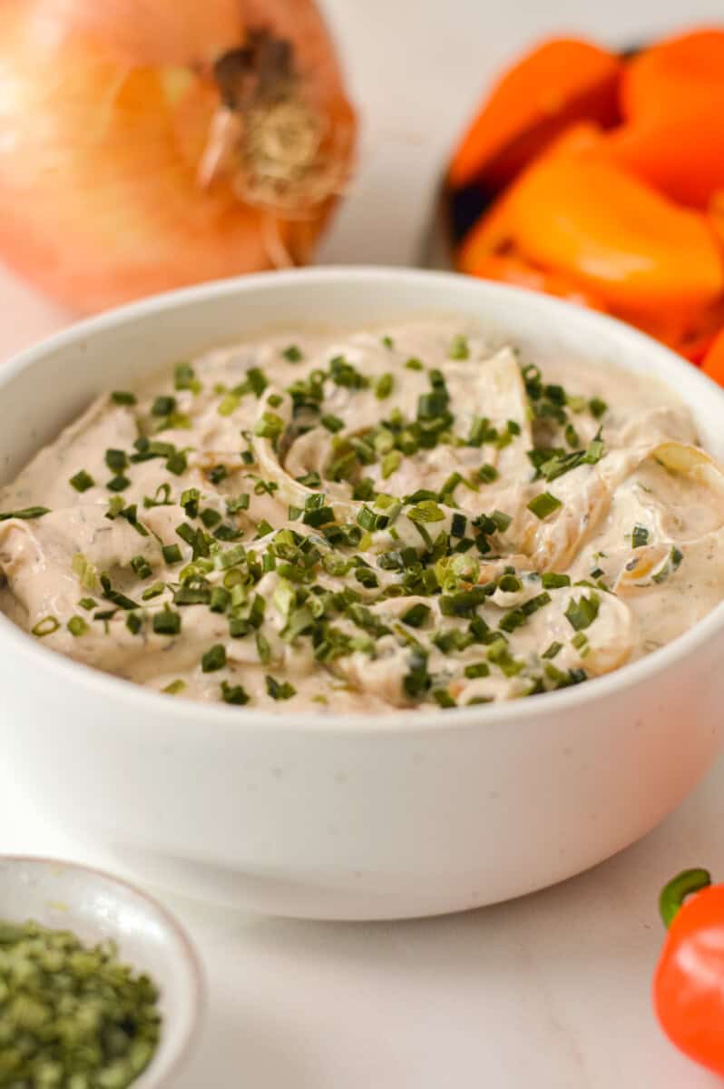 Close up of greek yogurt onion dip in a bowl