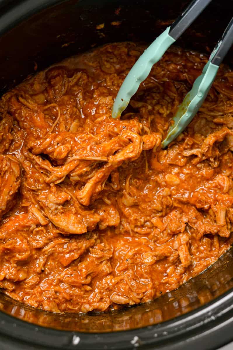 Shredded pulled pork in the slow cooker.