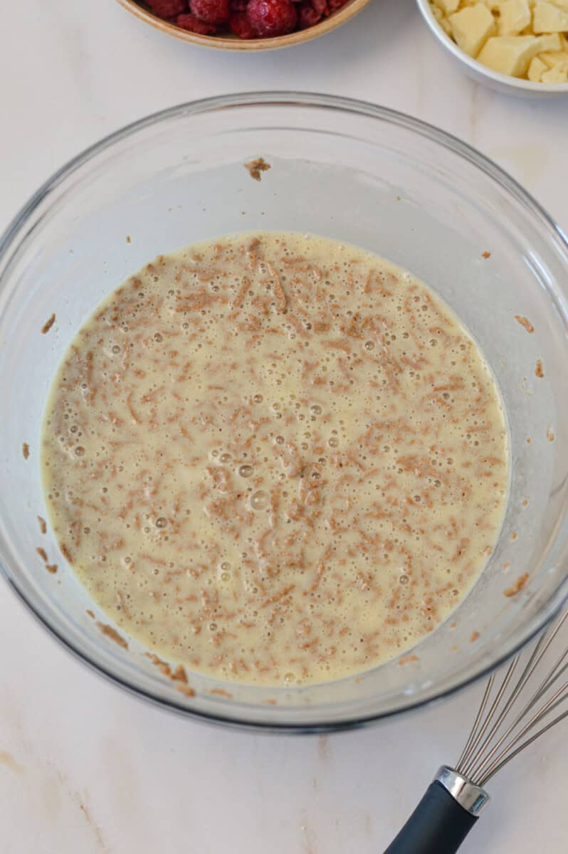 Bran cereal added to the wet mixture.