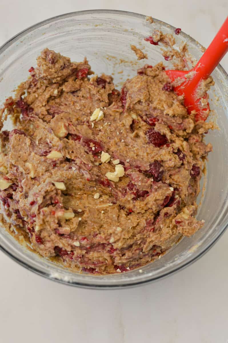 Frozen raspberries and white chocolate combined with the batter.