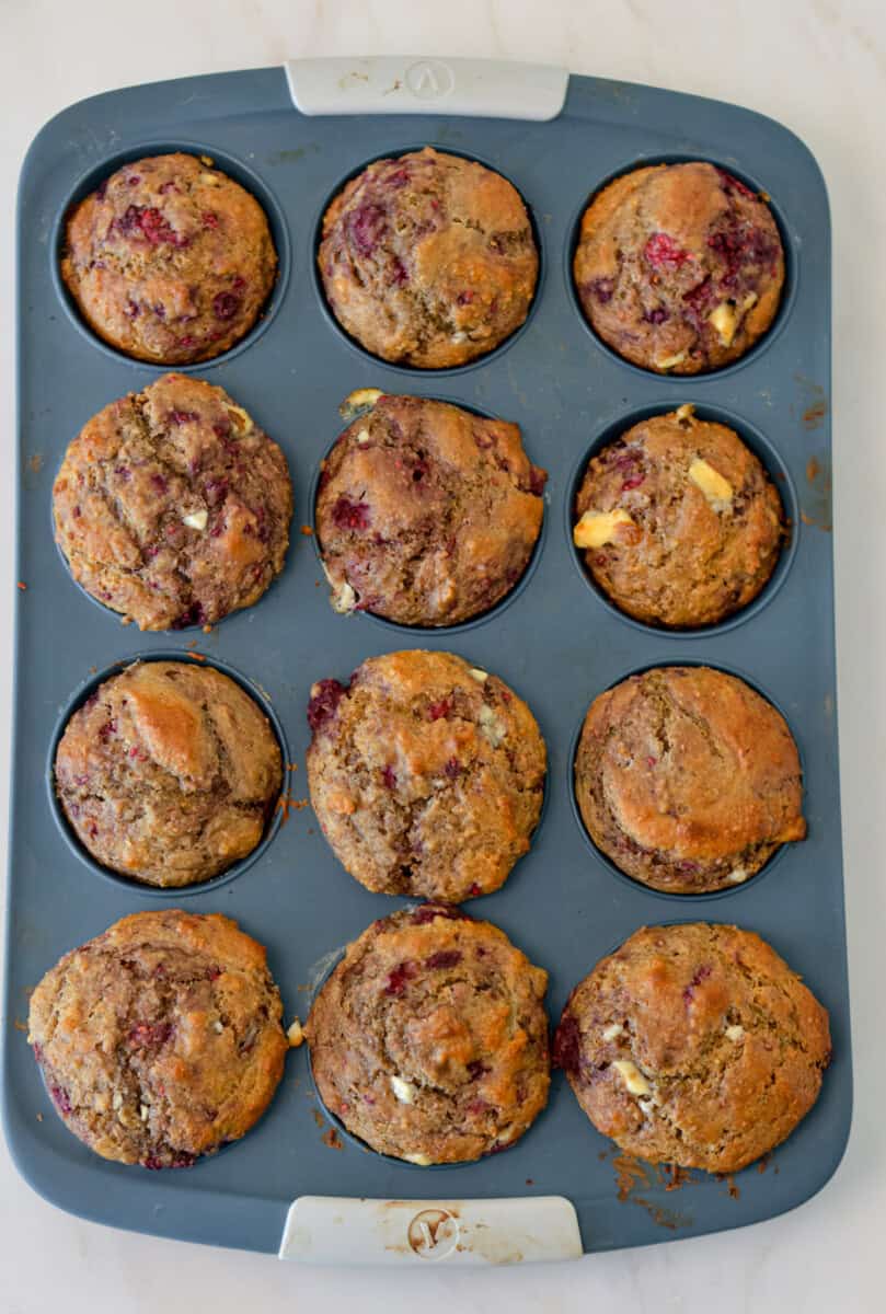 Baked muffins in a muffin tray.