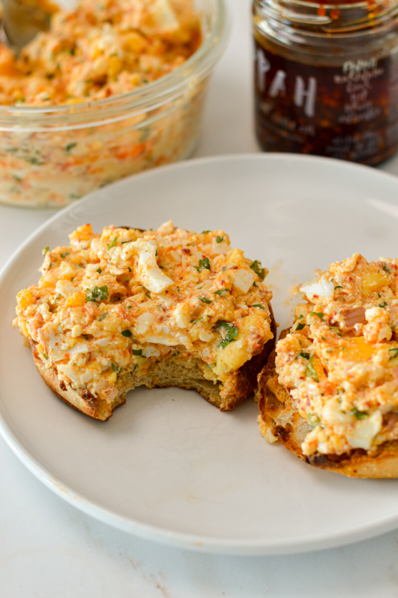 High protein no mayo egg salad on a bagel.