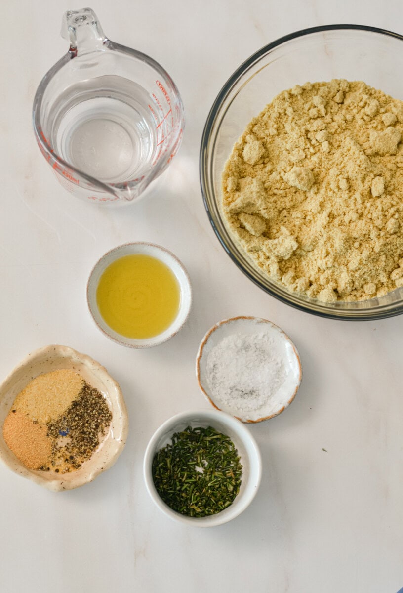 Flax seed crackers ingredients with water, oil, and seasonings.