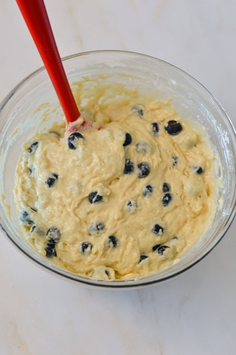 Blueberries added to the mixing bowl.