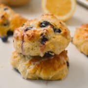 Stack of blueberry protein biscuits.