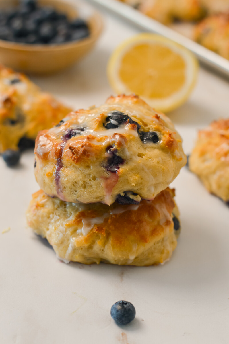 Stack of blueberry protein biscuits.