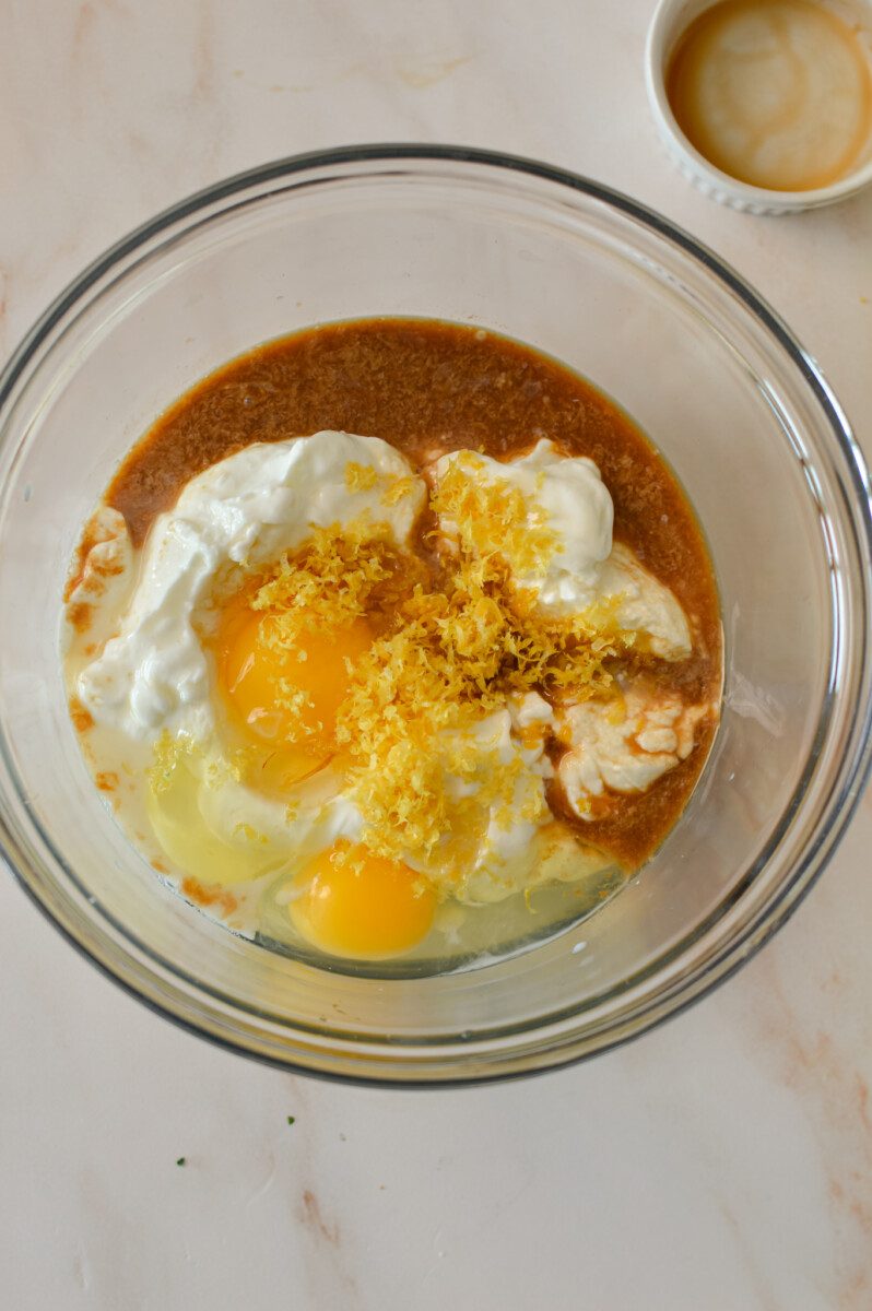 Wet ingredients in a mixing bowl.