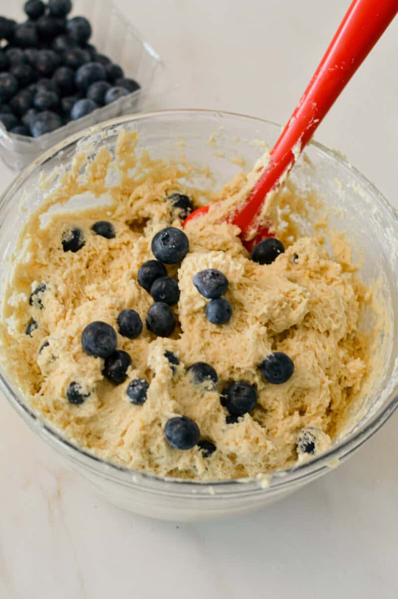 Blueberries added to the biscuit batter.