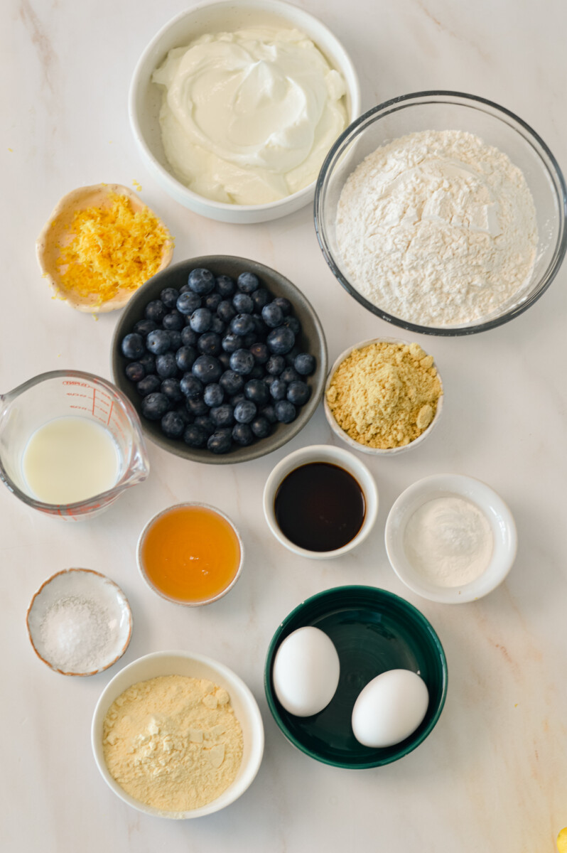 Ingredients for blueberry biscuits including Greek yogurt, flour, blueberries, lemon zest, eggs, flax seed, milk, vanilla extract, honey, all purpose flour, baking powder, salt, and vanilla protein powder.