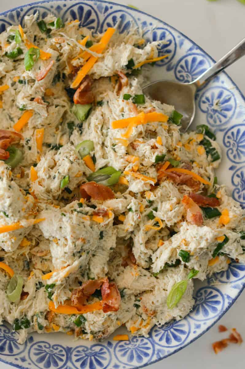 Close up of the bacon ranch chicken salad in a bowl.