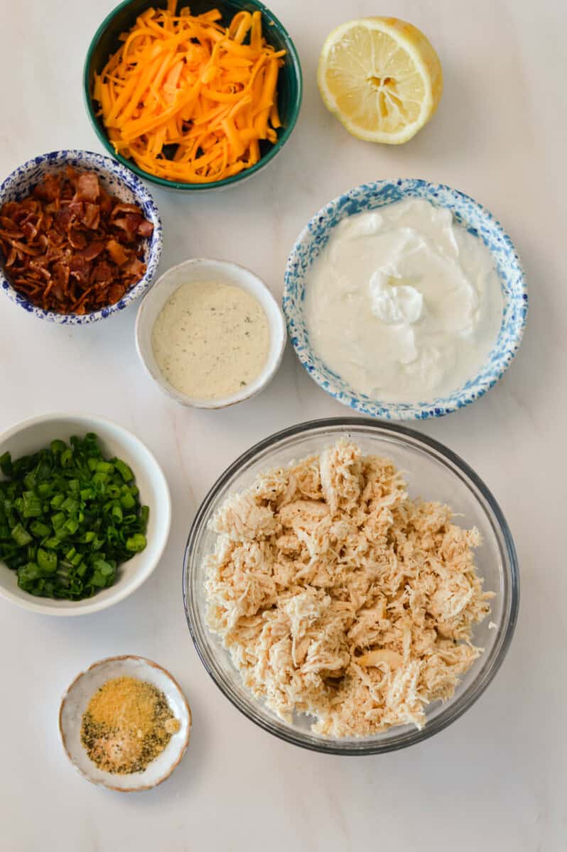 Ingredients for chicken salad including chicken, Greek yogurt, bacon, cheddar cheese, ranch seasoning, lemon and green onions.