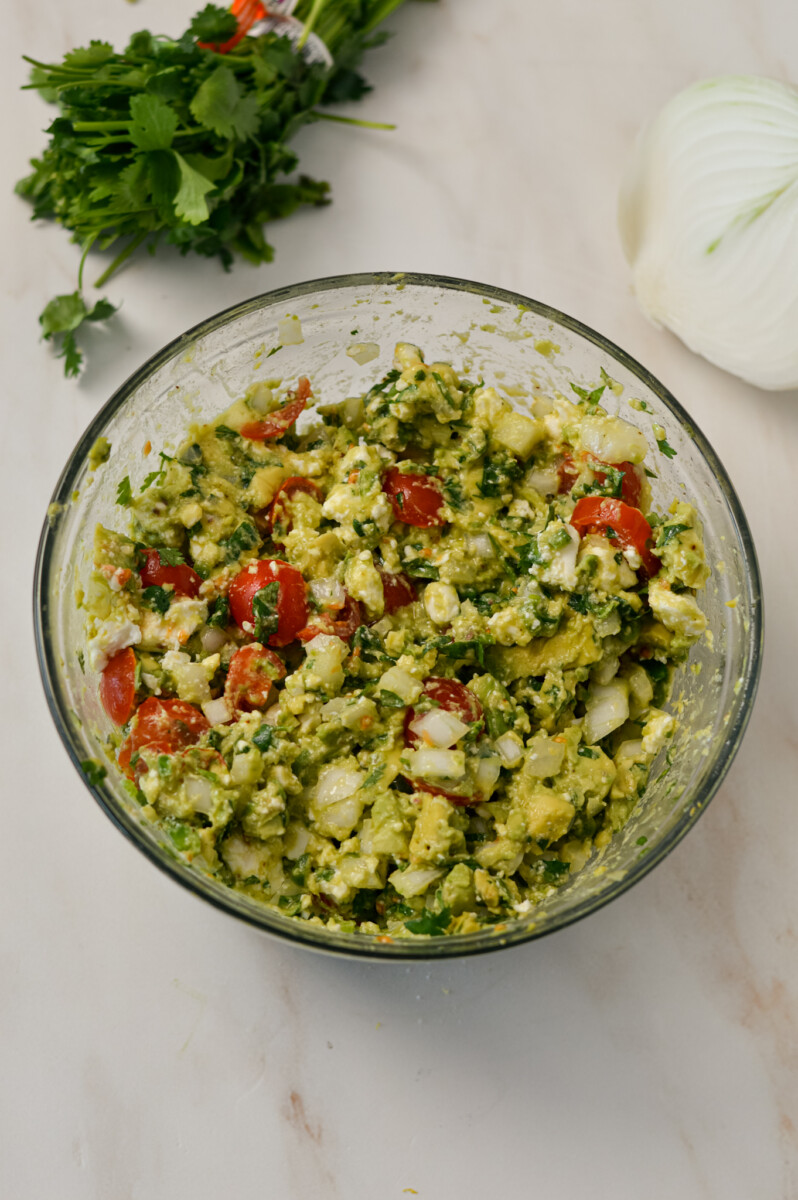 Avocado feta salsa in a bowl.