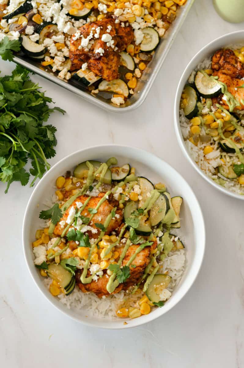 Birdseye of street corn chicken dinner.