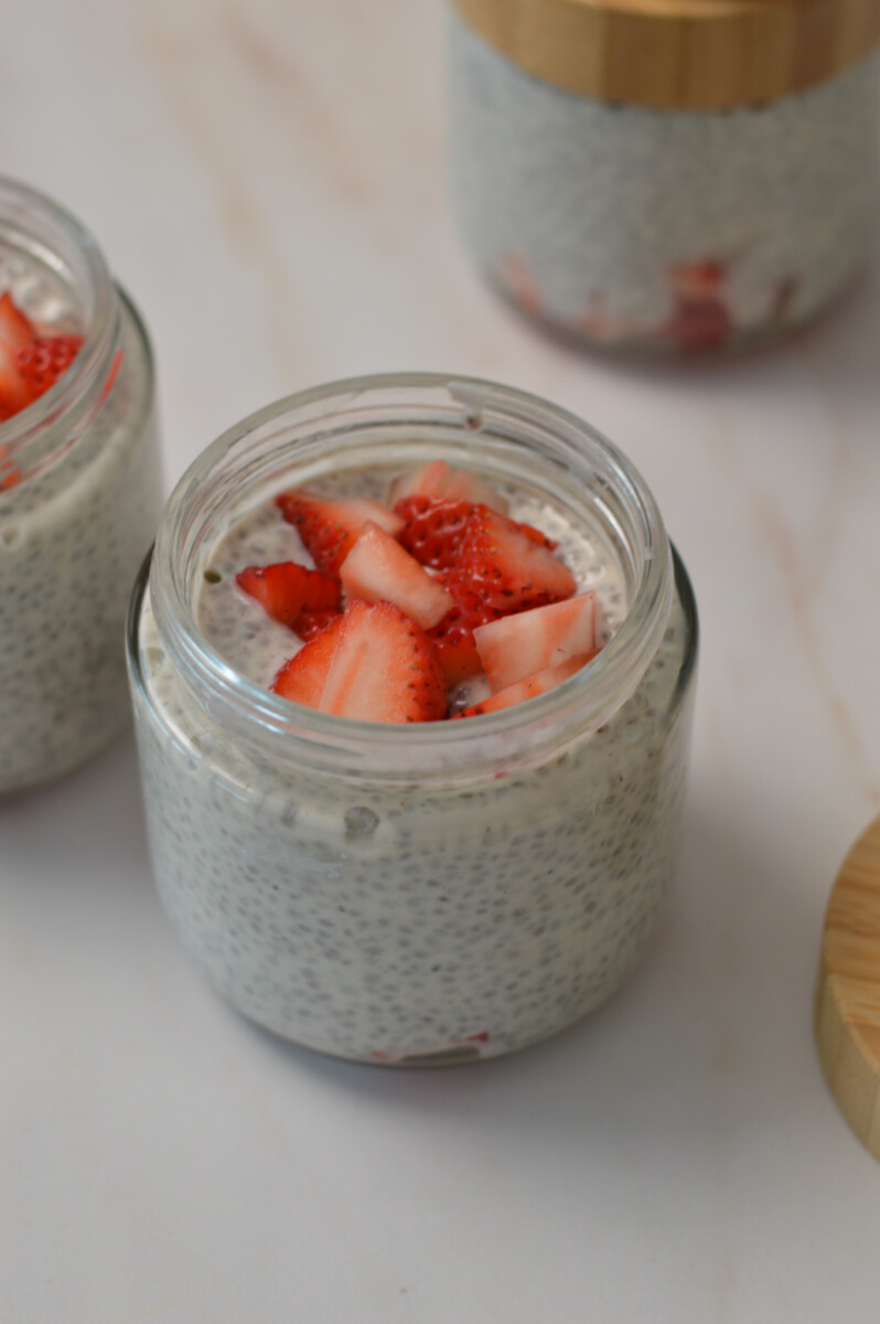 Chia pudding with Greek yogurt topped with strawberries.