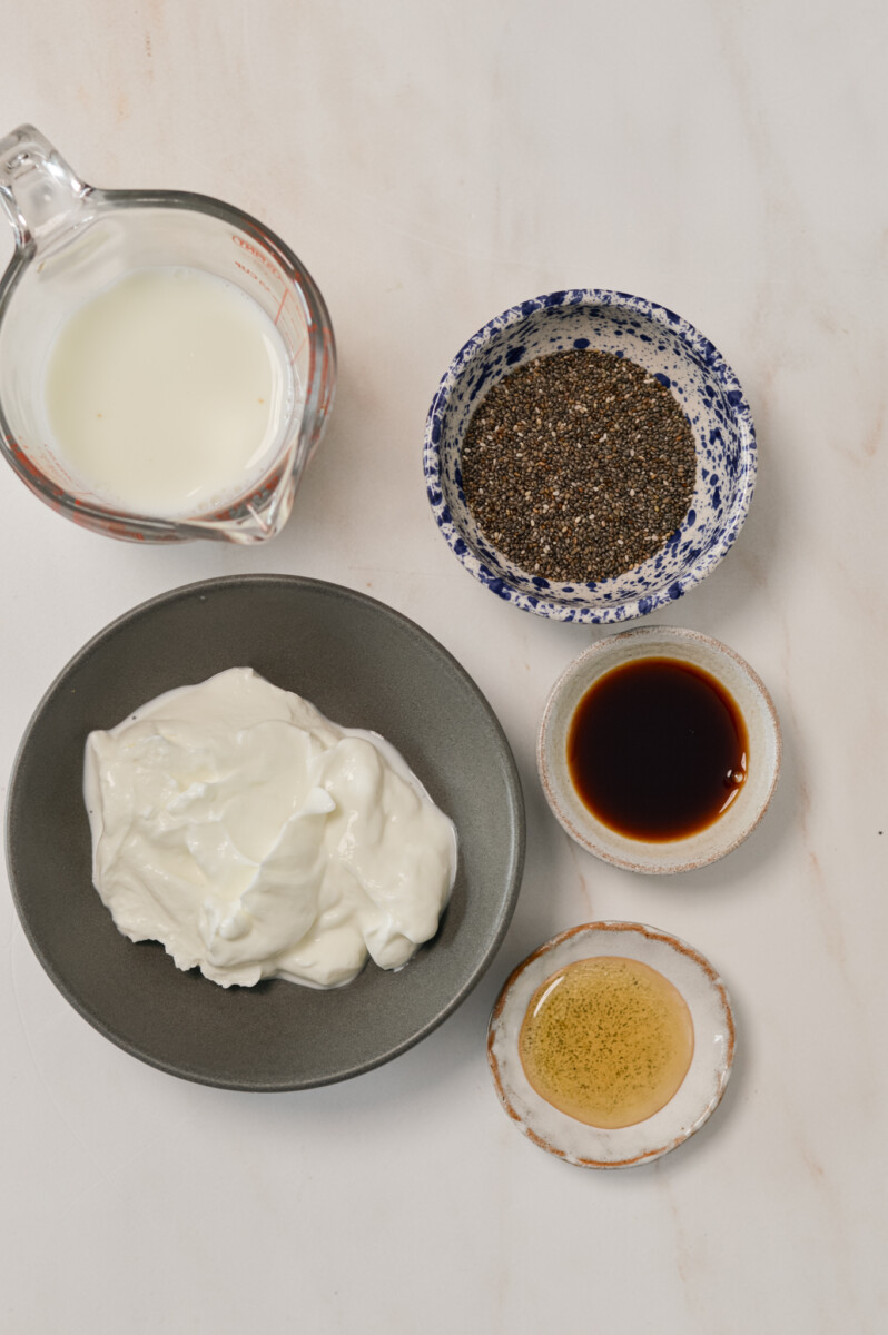Ingredients for chia pudding including chia seeds, Greek yogurt, vanilla extract, honey, and milk.