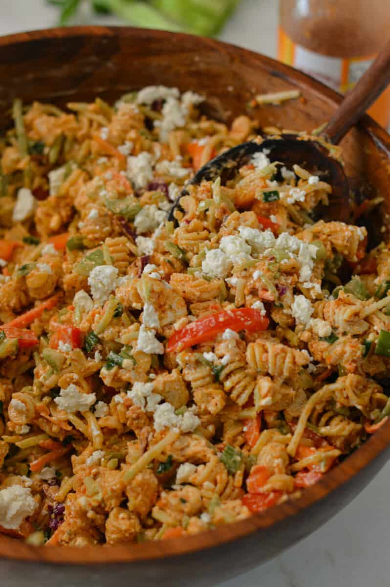 Close up of the protein pasta salad.