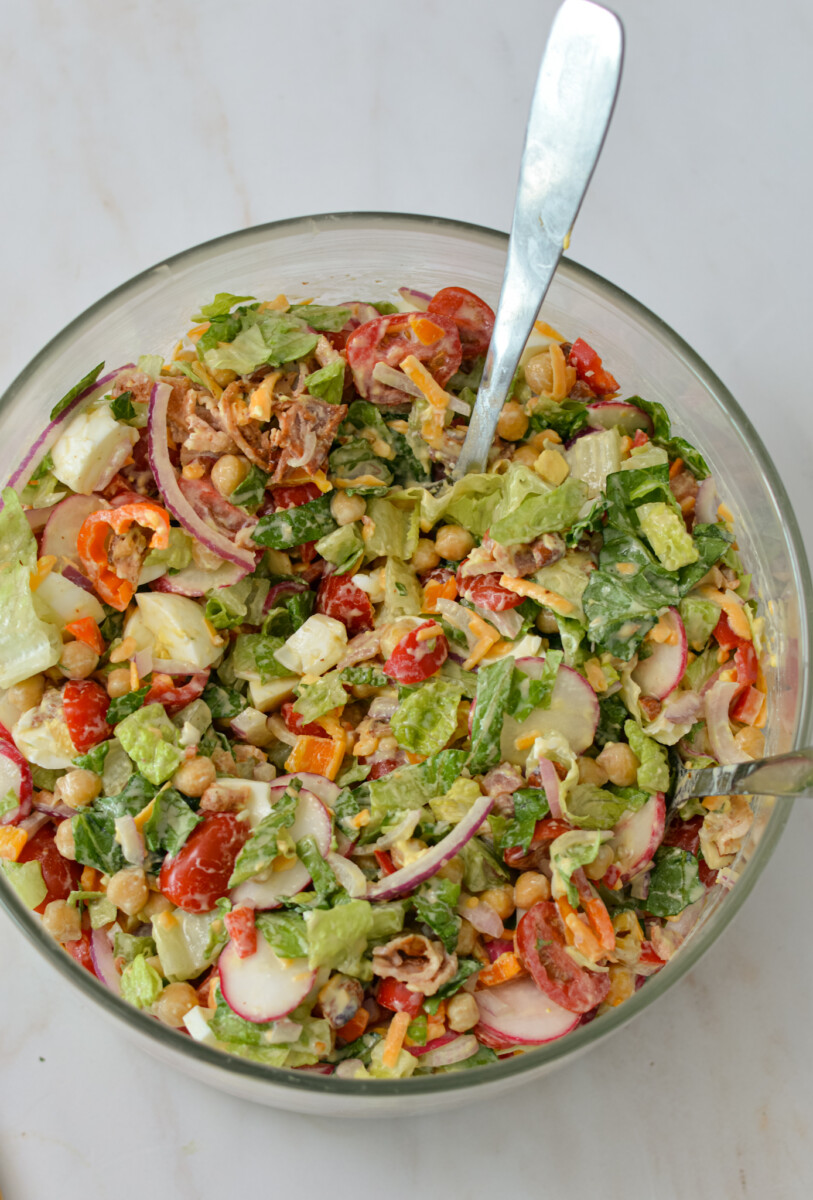 Birdseye of tossed layered salad.