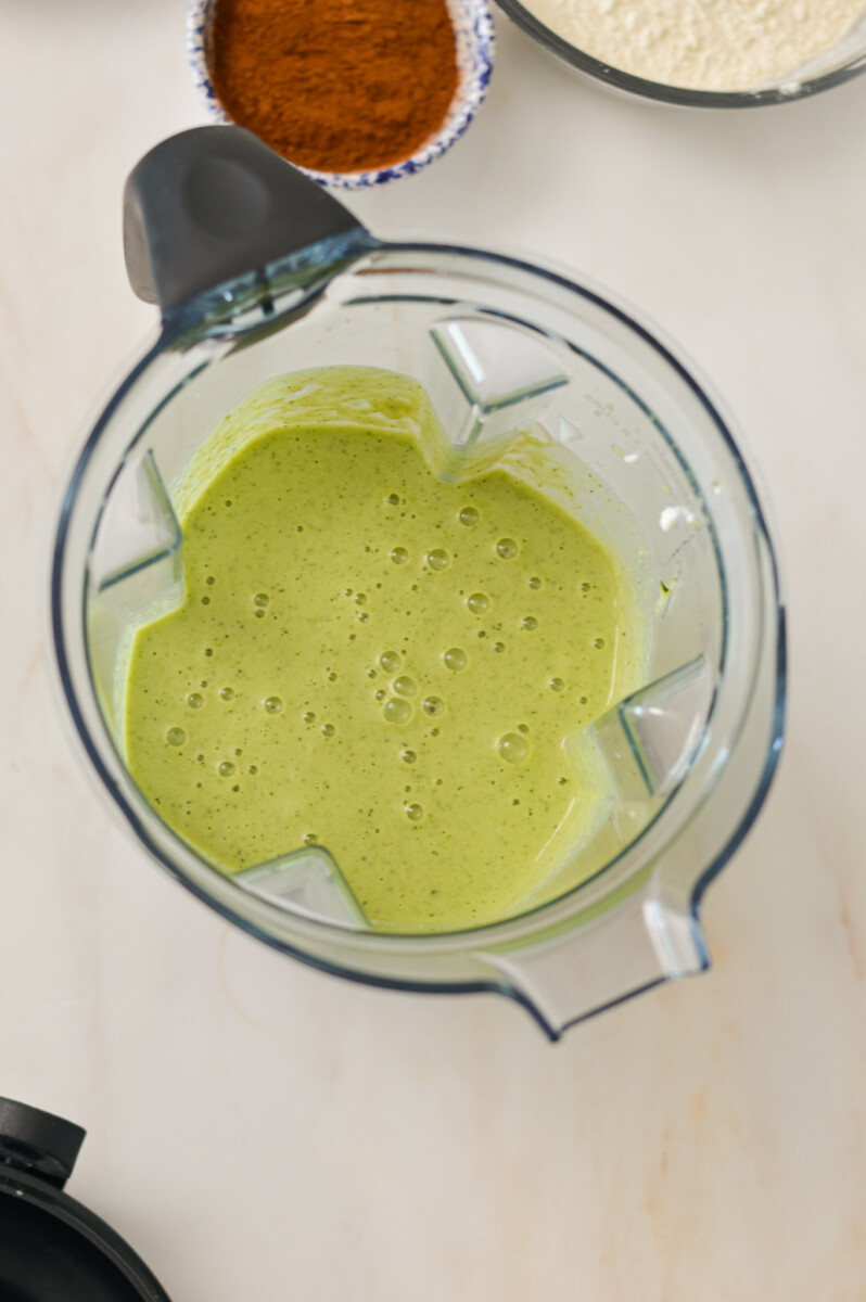 Wet ingredients bleneded in a blender.