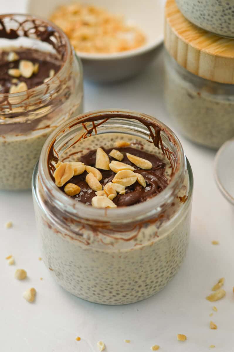 Peanut butter chia pudding in a jar.