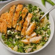 Snap pea salad with crisy chicken.
