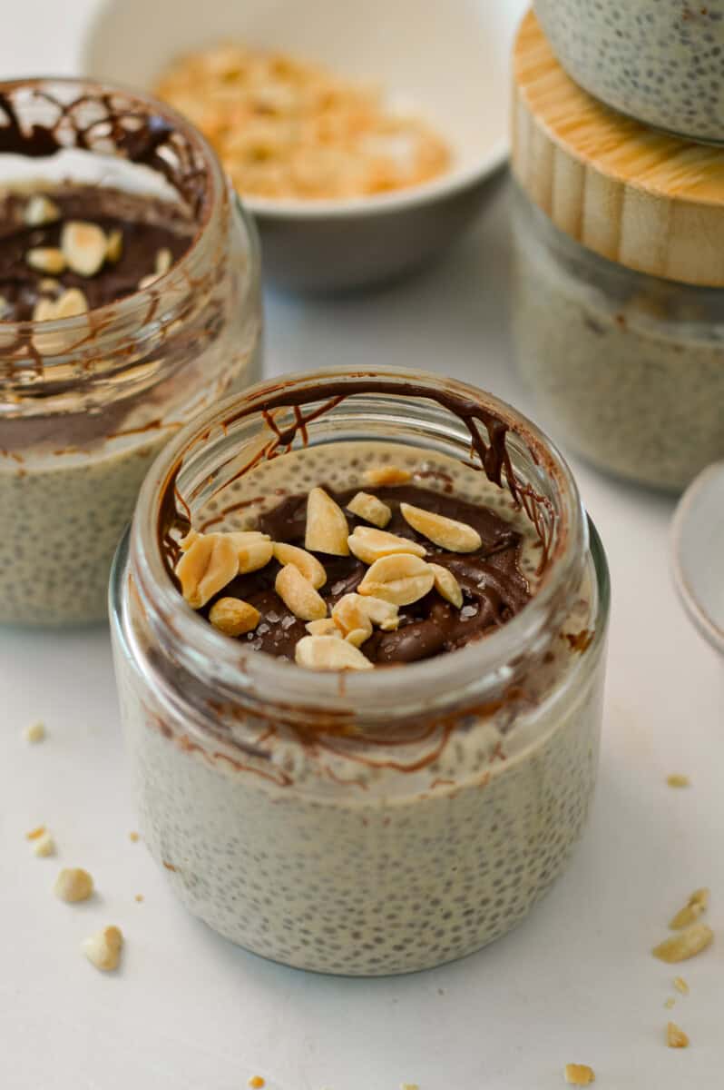 Finished chia pudding topped with chocolate shell.