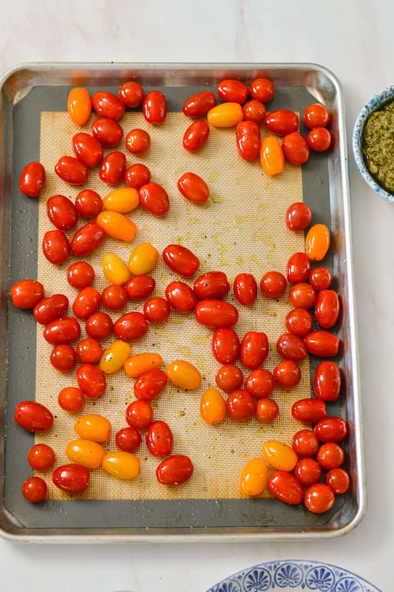 Cherry tomatoes on a baking dish.