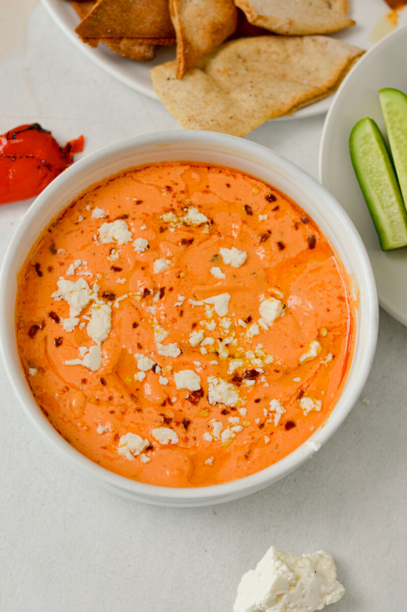 Birdseye of red pepper feta dip.