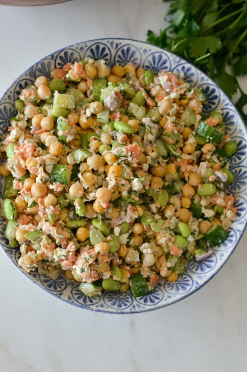 Birdseye of smoked salmon salad in a bowl.