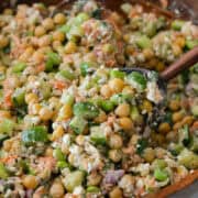 Close up of a scoop of smoked salmon salad.
