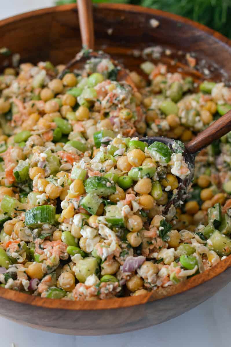 Close up of a scoop of smoked salmon salad.