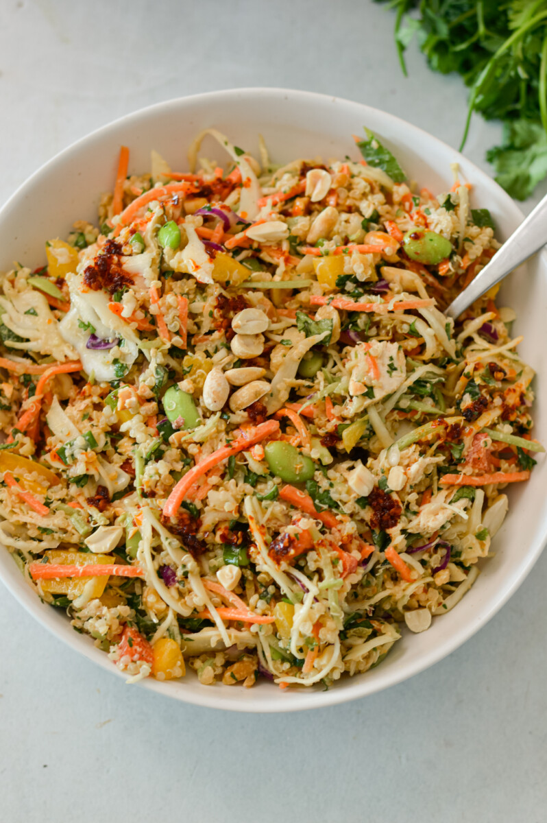 Birdseye of peanut quinoa salad in a small bowl.