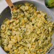 Birdseye of zucchini and corn pasta in a pan.