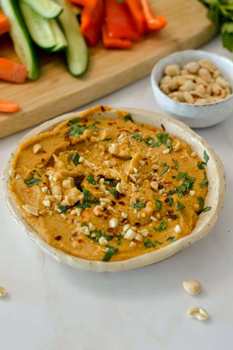 Finished Thai peanut butter hummus in a bowl.
