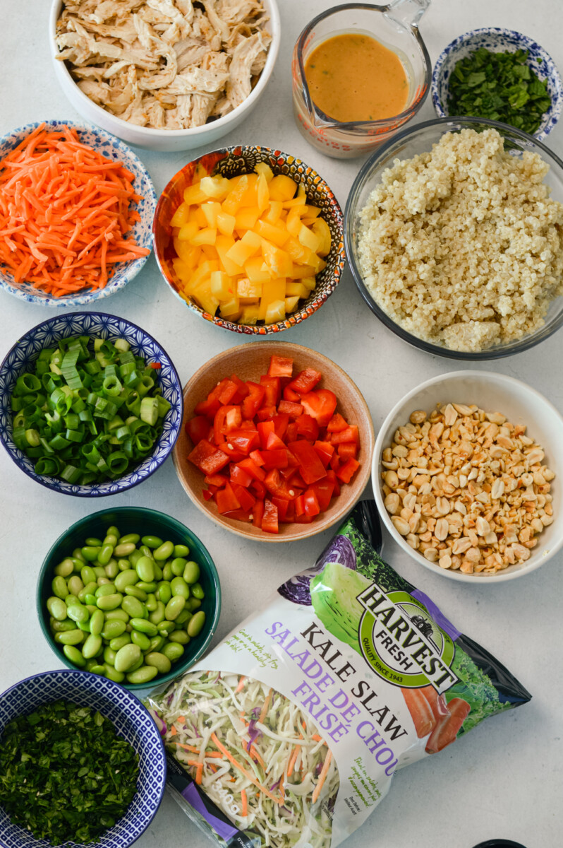 Ingredients for peanut salad including quinoa, slaw mix, chicken, edamame, red bell pepper, yellow bell pepper, matchstick carrots, green onions, cilantro, crushed peanuts, and creamy peanut dressing.