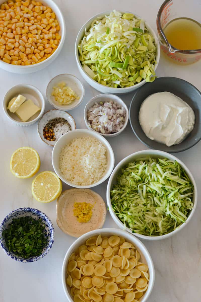 Ingredients for zucchini pasta including leeks, zucchini, corn, shallot, lemon, orecchiette, Greek yogurt, vegetable broth, garlic, parmesan cheese, and fresh basil.