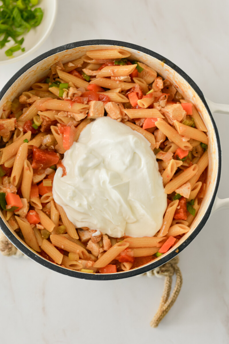 Greek yogurt added to the buffalo chicken pasta.