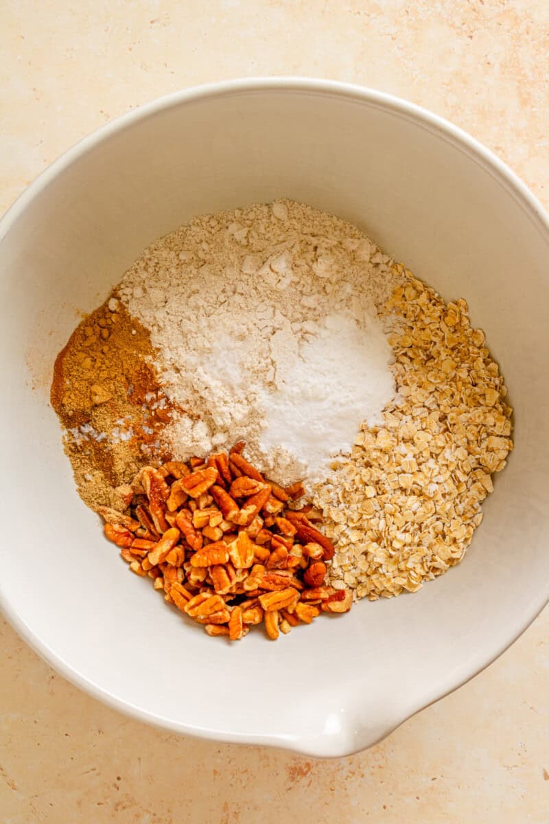 Dry ingredients for chai banana bread in a mixing bowl.