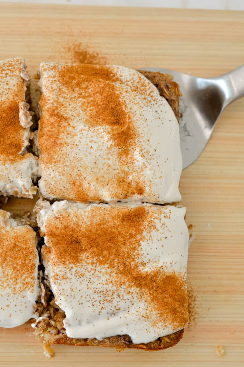 Close up of high protein cinnamon roll baked oats.